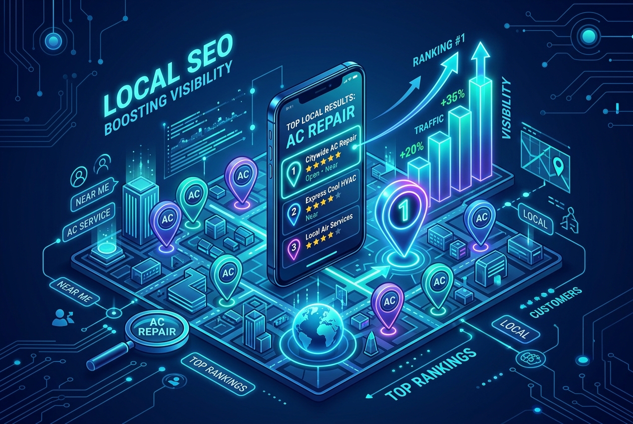 RankVent Local SEO map showing geolocation pins and AC repair search results
